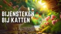 Nieuwsgierige kat reikt naar zwevende bij in bloemrijke tuin.