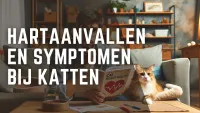 Katteneigenaar leest boek over kattenhartgezondheid thuis naast kat.