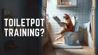 Een kat die een krant leest op het toilet